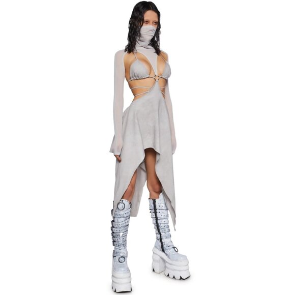 NWT Darker Wavs Off White Jersey and Mesh Cut Out Maxi Dress w. Mask Turtleneck - Picture 1 of 10